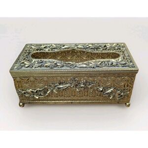 VTG Hollywood Regency Filigree Flowers Tissue Cover Vanity Ornate Heavy Footed